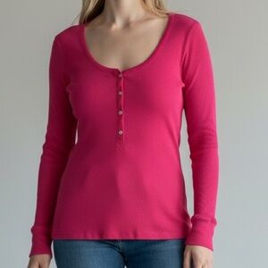 Victoria's Secret Hot Pink Ribbed Long Sleeve Henley Top